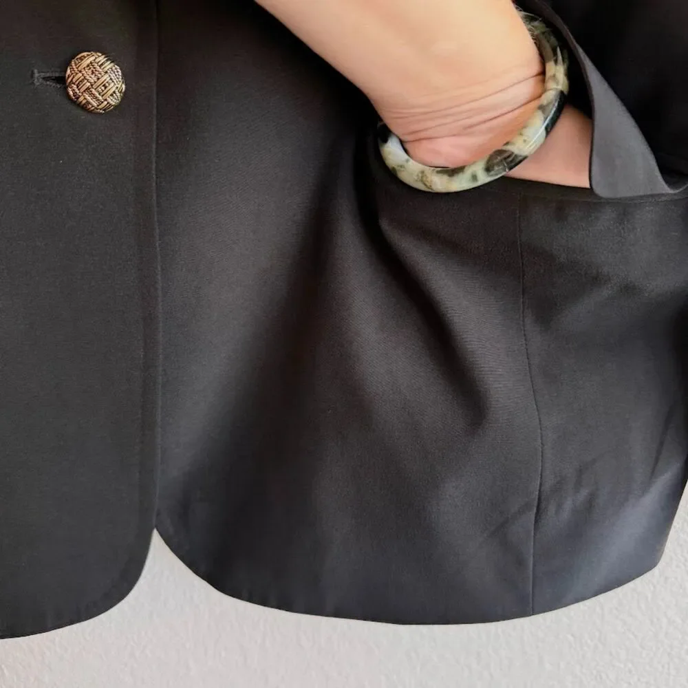 Vintage DKNY 100% Silk Notch Collar Blazer in Black with Gold Button size 4